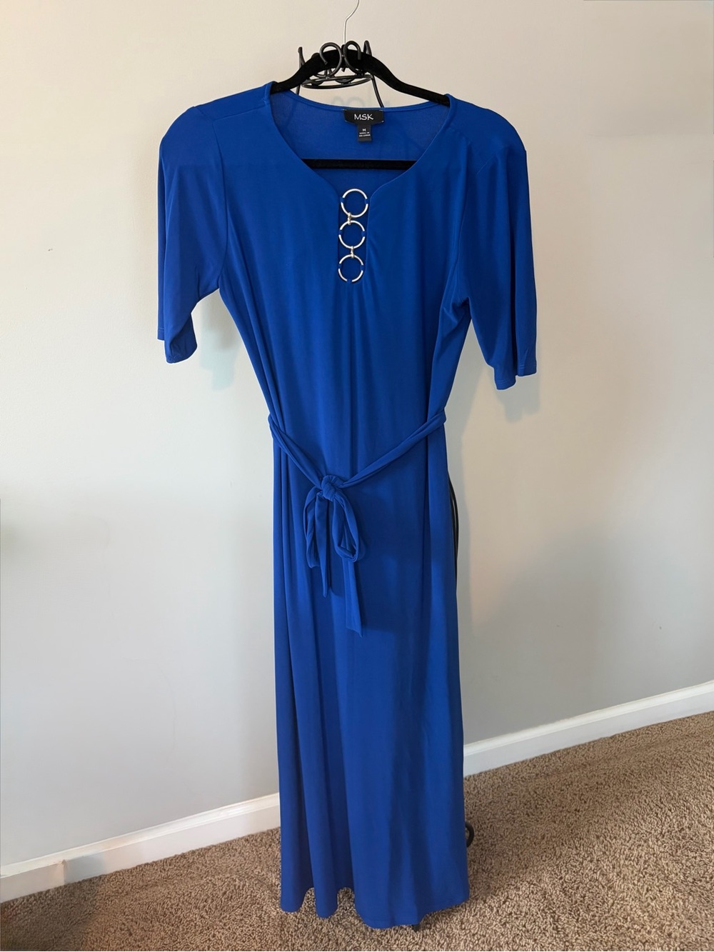 MSK Cobalt Blue Maxi Dress silver ring  Detail  Self-Tie Belt size medium work